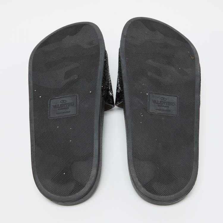 Pre Owned Valentino Black Leather VLTN Crystal Embellished Flat Slides Size 39