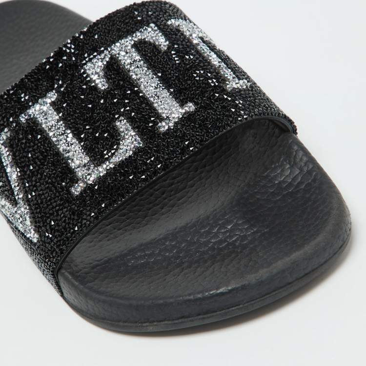 Pre Owned Valentino Black Leather VLTN Crystal Embellished Flat Slides Size 39