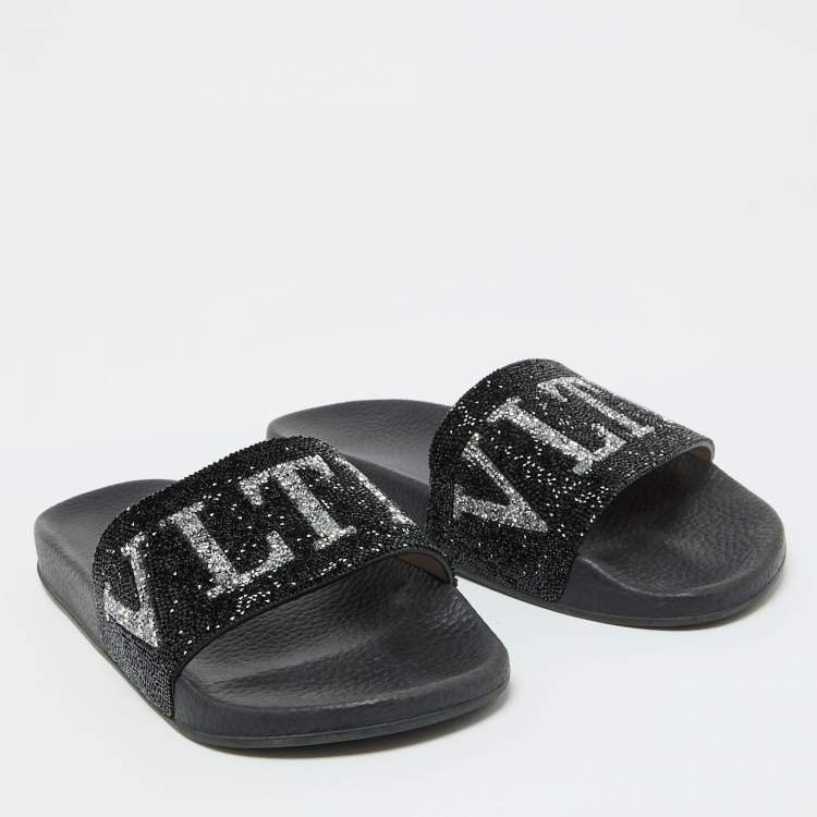 Pre Owned Valentino Black Leather VLTN Crystal Embellished Flat Slides Size 39