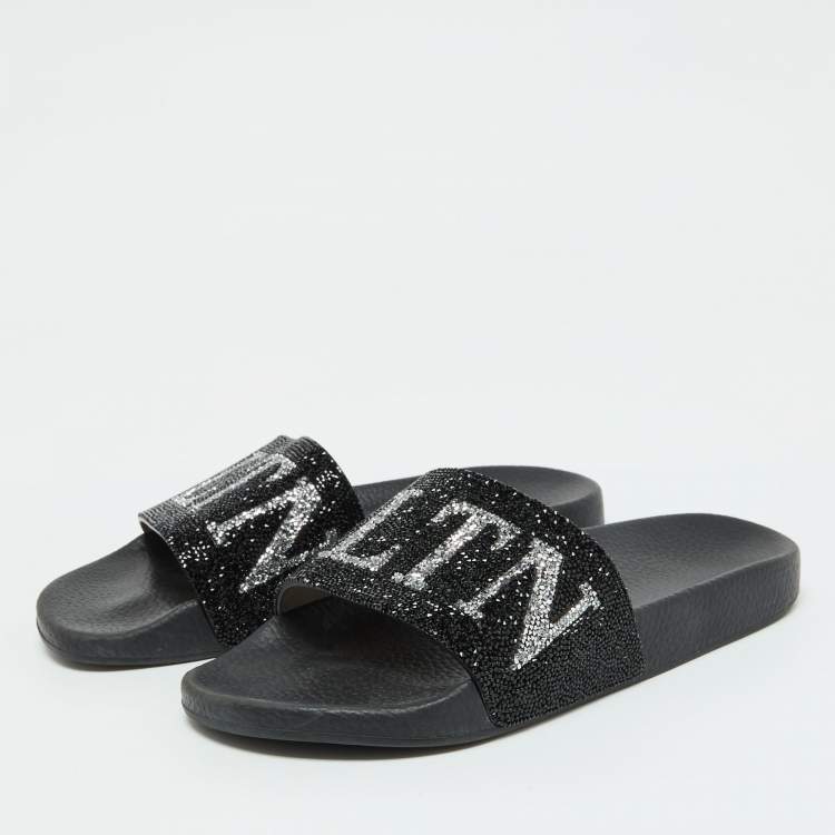 Pre Owned Valentino Black Leather VLTN Crystal Embellished Flat Slides Size 39