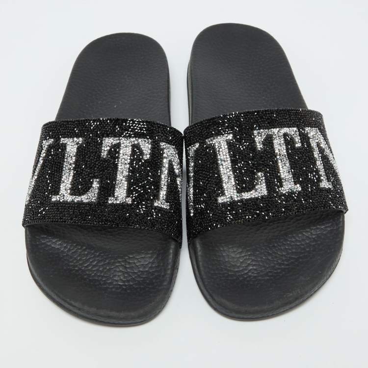Pre Owned Valentino Black Leather VLTN Crystal Embellished Flat Slides Size 39
