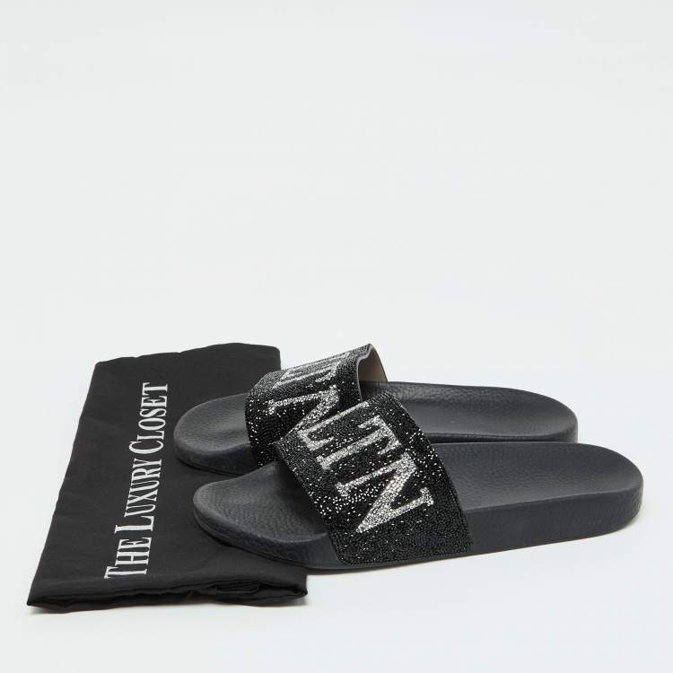 Pre Owned Valentino Black Leather VLTN Crystal Embellished Flat Slides Size 39