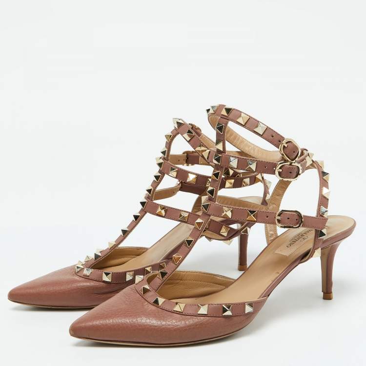 Pre Owned Valentino Dusty Rose Pink Leather Rockstud Ankle Strap Pumps Size 38.5