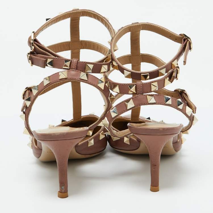 Pre Owned Valentino Dusty Rose Pink Leather Rockstud Ankle Strap Pumps Size 38.5