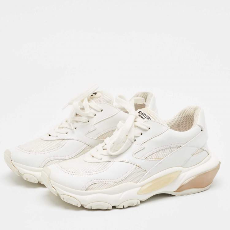 Pre Owned Valentino White Mesh and Leather Bounce Low-Top Sneakers Size 39.5