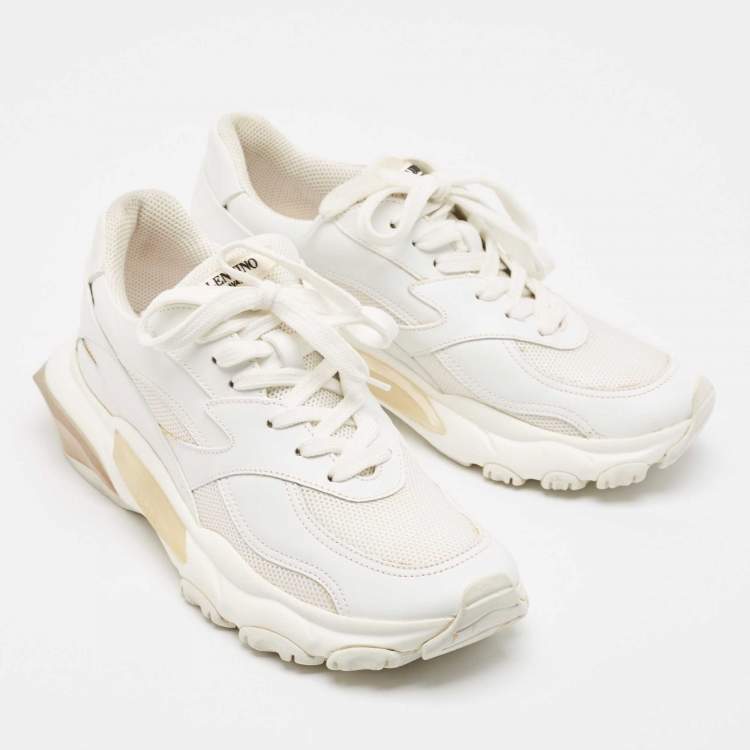 Pre Owned Valentino White Mesh and Leather Bounce Low-Top Sneakers Size 39.5