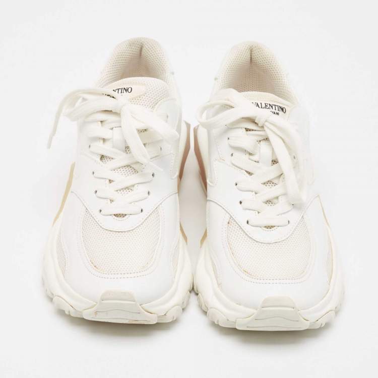 Pre Owned Valentino White Mesh and Leather Bounce Low-Top Sneakers Size 39.5