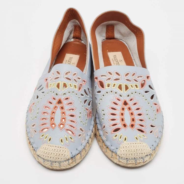 Pre Owned Valentino Light Blue Embroidered and Laser Cut Leather Espadrille Flats Size 38