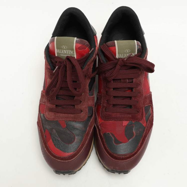 Pre Owned Valentino Red Leather and Canvas Rockrunner Low Top Sneakers Size 39