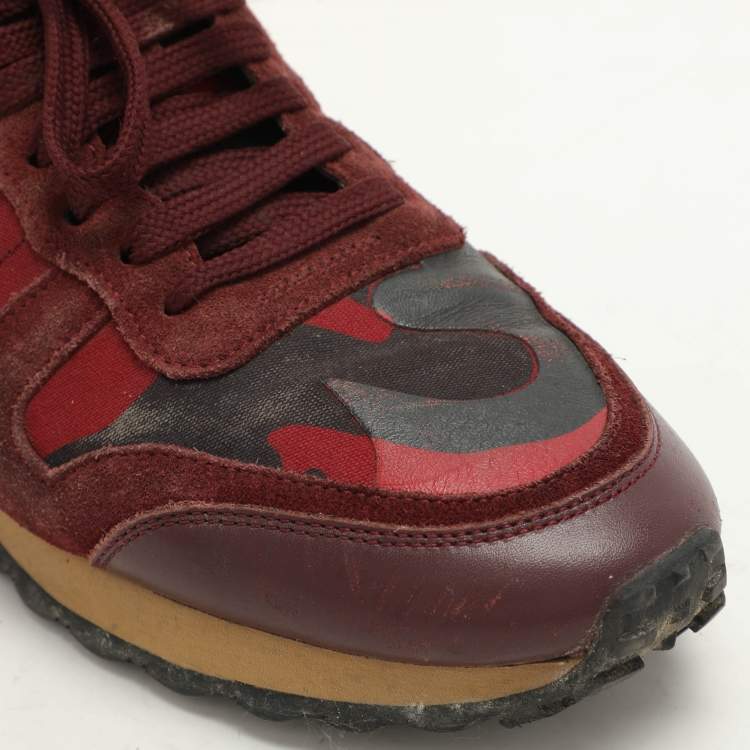 Pre Owned Valentino Red Leather and Canvas Rockrunner Low Top Sneakers Size 39