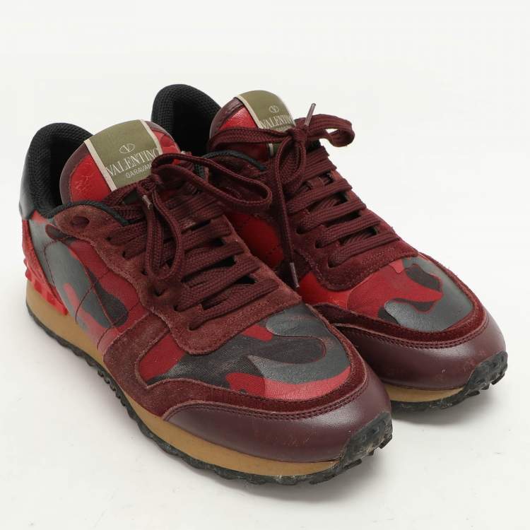Pre Owned Valentino Red Leather and Canvas Rockrunner Low Top Sneakers Size 39