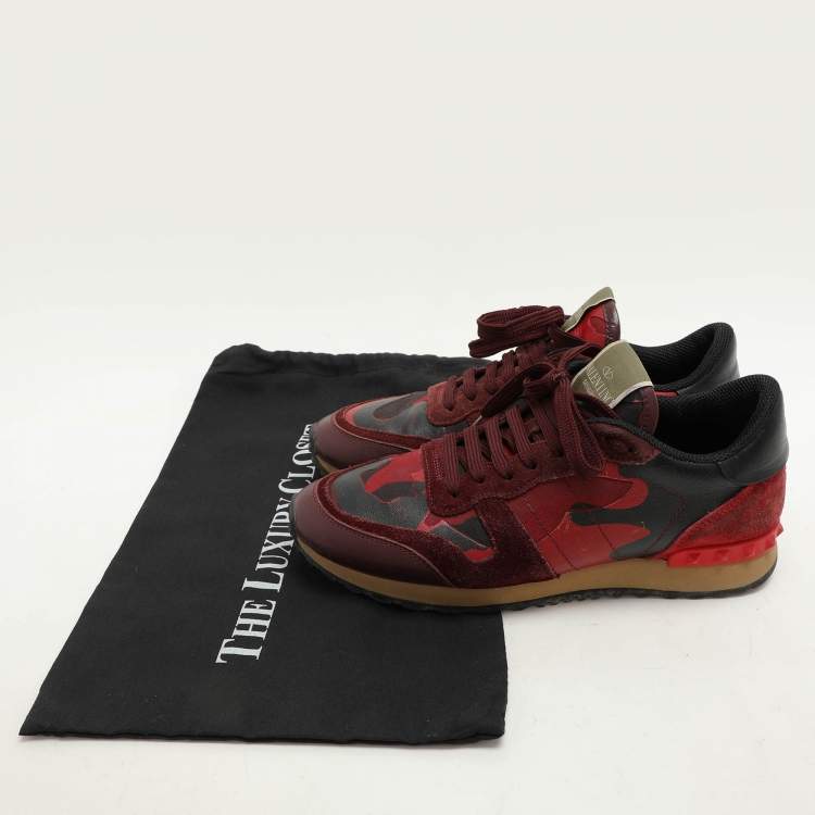Pre Owned Valentino Red Leather and Canvas Rockrunner Low Top Sneakers Size 39
