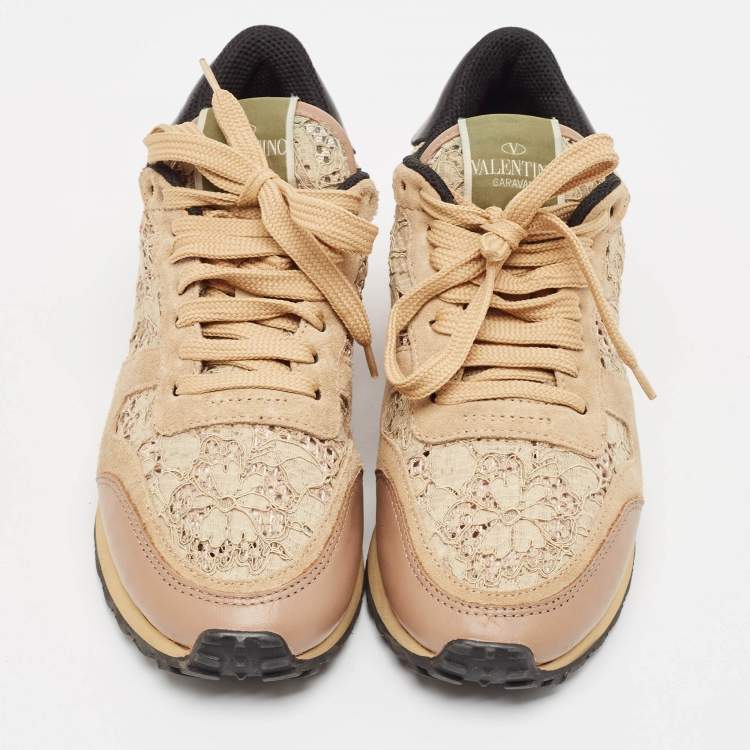 Pre Owned Valentino Multicolor Lace and Leather Rockrunner Low Top Sneakers Size 37.5