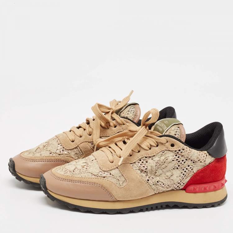 Pre Owned Valentino Multicolor Lace and Leather Rockrunner Low Top Sneakers Size 37.5