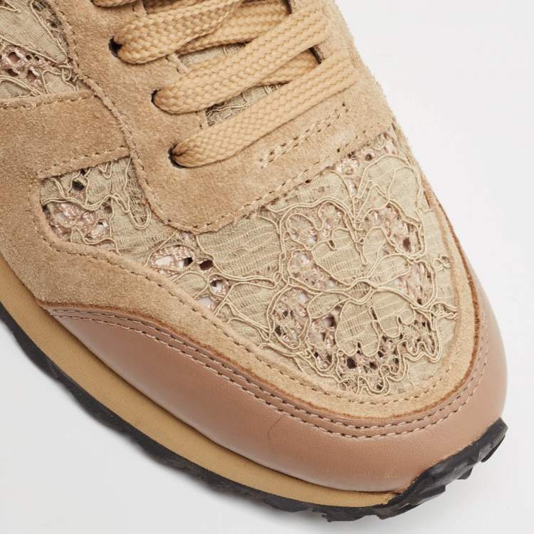 Pre Owned Valentino Multicolor Lace and Leather Rockrunner Low Top Sneakers Size 37.5
