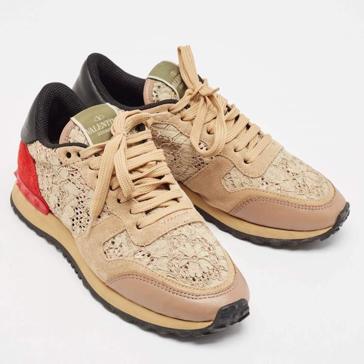 Pre Owned Valentino Multicolor Lace and Leather Rockrunner Low Top Sneakers Size 37.5