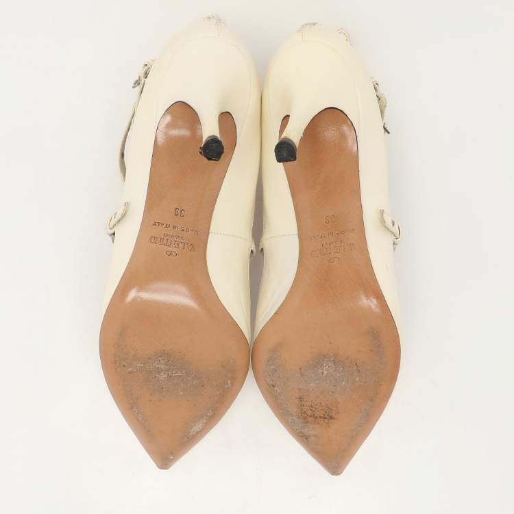 Pre Owned Valentino Cream Leather Love Latch Ankle Strap Pumps Size 39