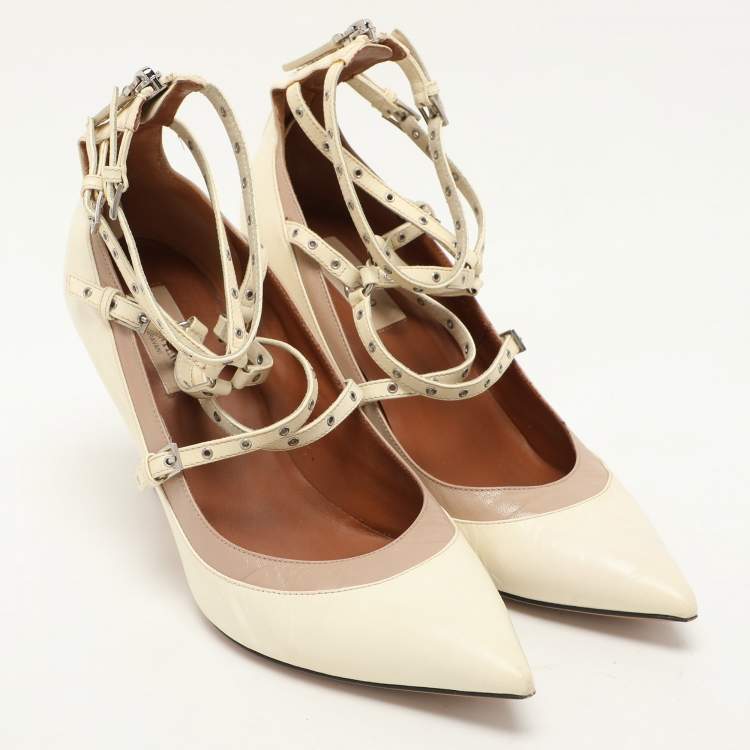 Pre Owned Valentino Cream Leather Love Latch Ankle Strap Pumps Size 39