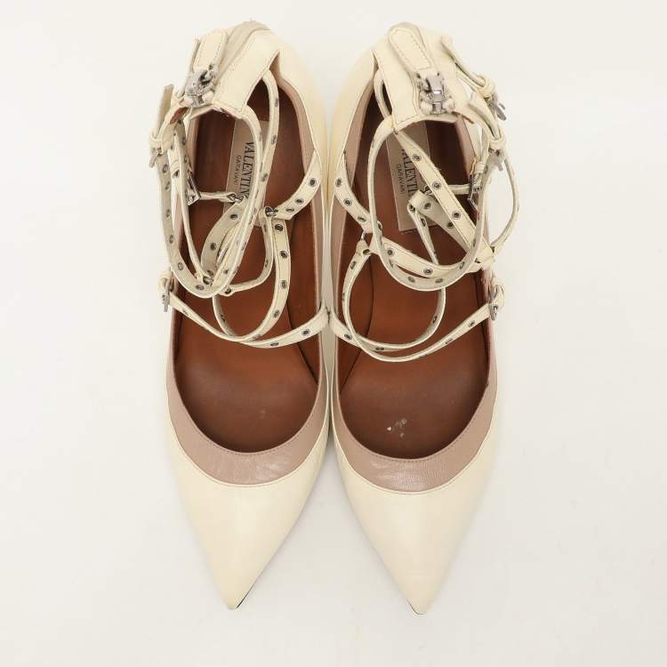 Pre Owned Valentino Cream Leather Love Latch Ankle Strap Pumps Size 39