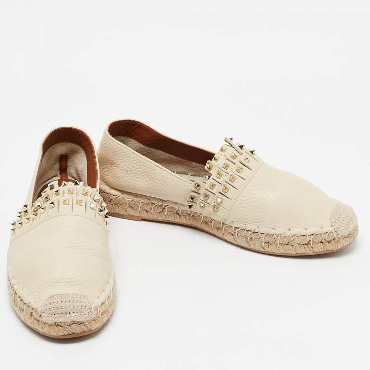 Pre Owned Valentino Cream Leather Studded Espadrille Flats Size 38