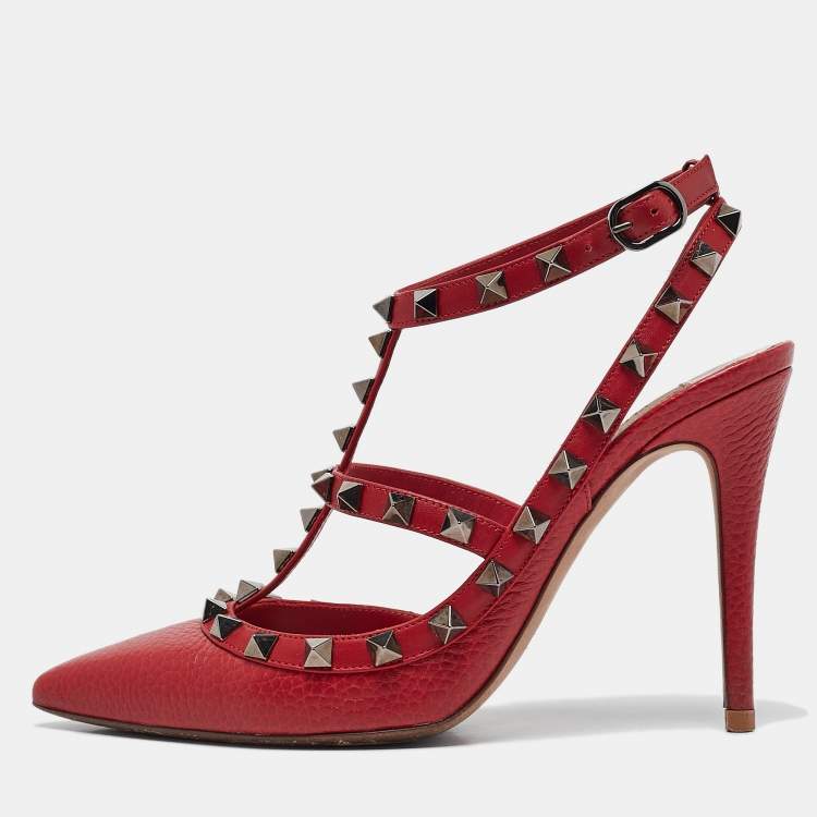 Pre Owned Valentino Red Leather Rockstud Ankle Strap Pumps Size 36