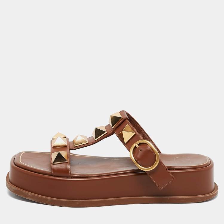 Pre Owned Valentino Brown Leather Roman Stud Platform Slide Sandals Size 37