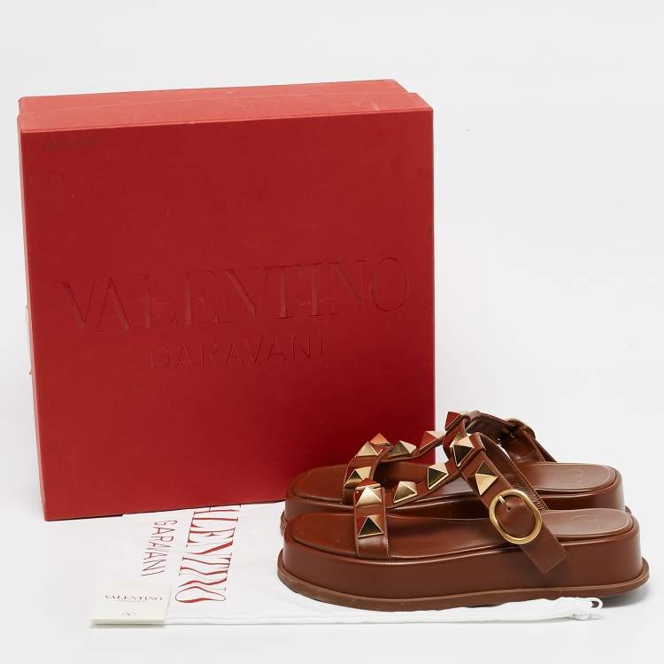 Pre Owned Valentino Brown Leather Roman Stud Platform Slide Sandals Size 37