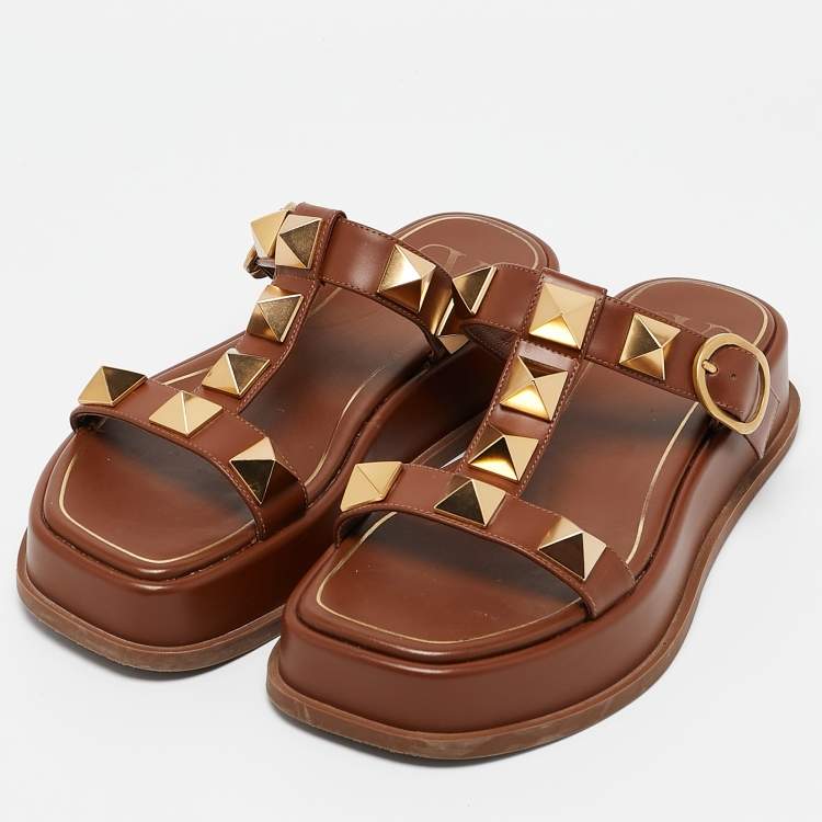 Pre Owned Valentino Brown Leather Roman Stud Platform Slide Sandals Size 37