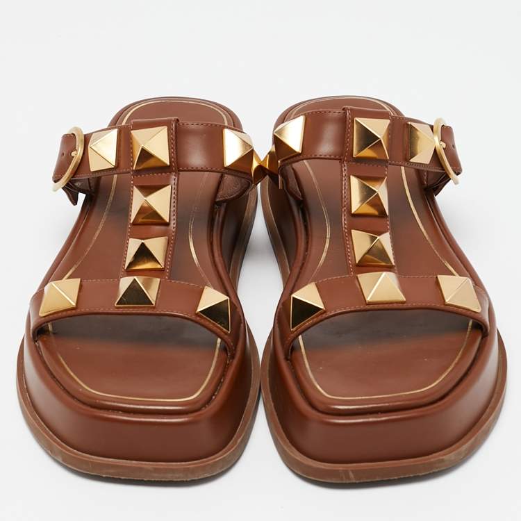 Pre Owned Valentino Brown Leather Roman Stud Platform Slide Sandals Size 37
