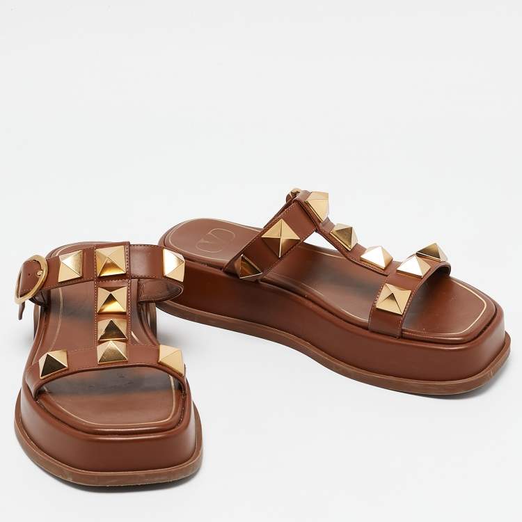 Pre Owned Valentino Brown Leather Roman Stud Platform Slide Sandals Size 37