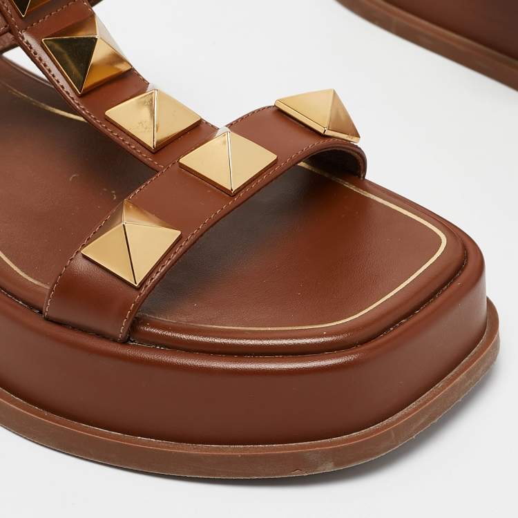 Pre Owned Valentino Brown Leather Roman Stud Platform Slide Sandals Size 37