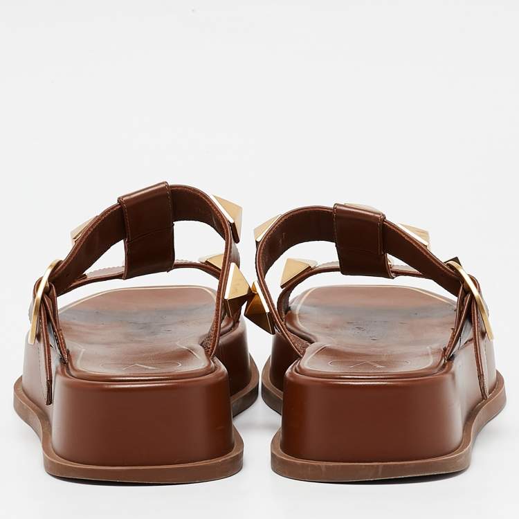 Pre Owned Valentino Brown Leather Roman Stud Platform Slide Sandals Size 37