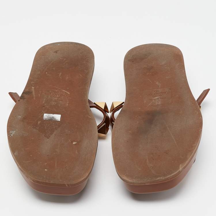 Pre Owned Valentino Brown Leather Roman Stud Platform Slide Sandals Size 37