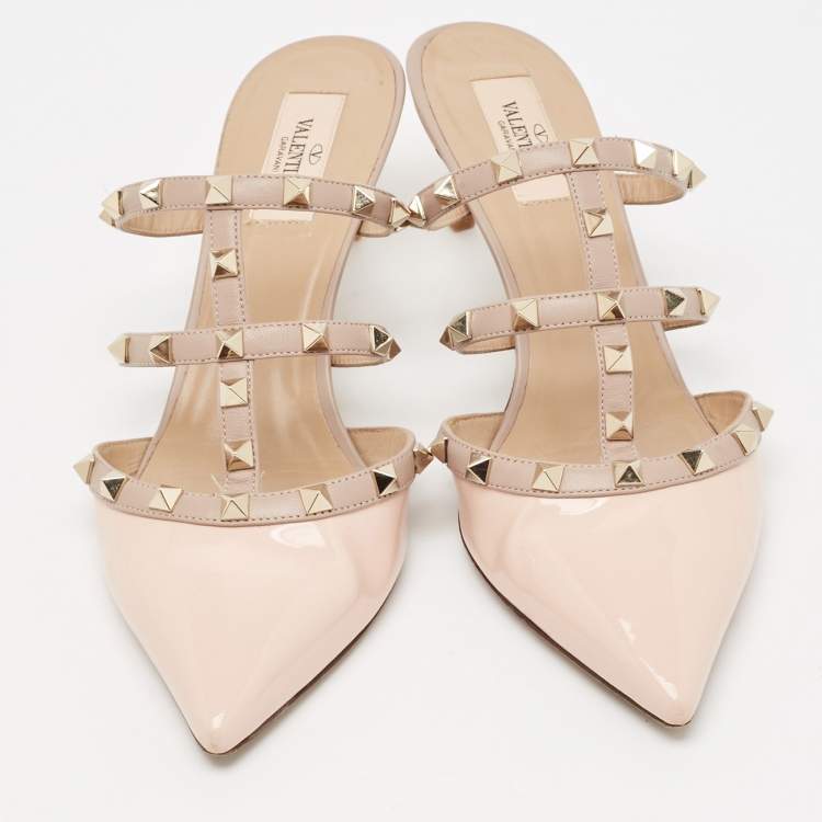 Pre Owned Valentino Dusty Pink Patent and Leather Rockstud Mules Size 40