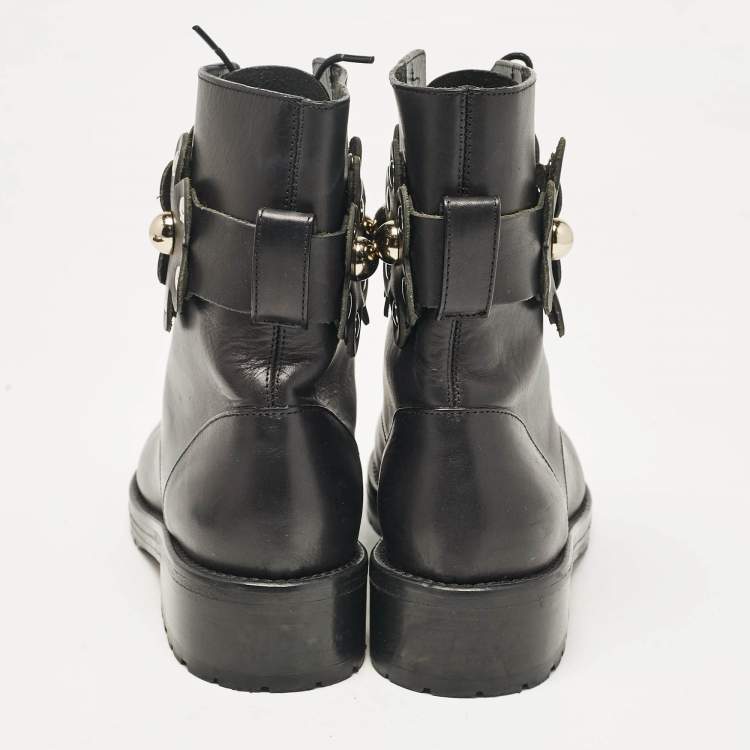 Pre Owned Valentino Black Leather Embellished Combat Boots Size 36