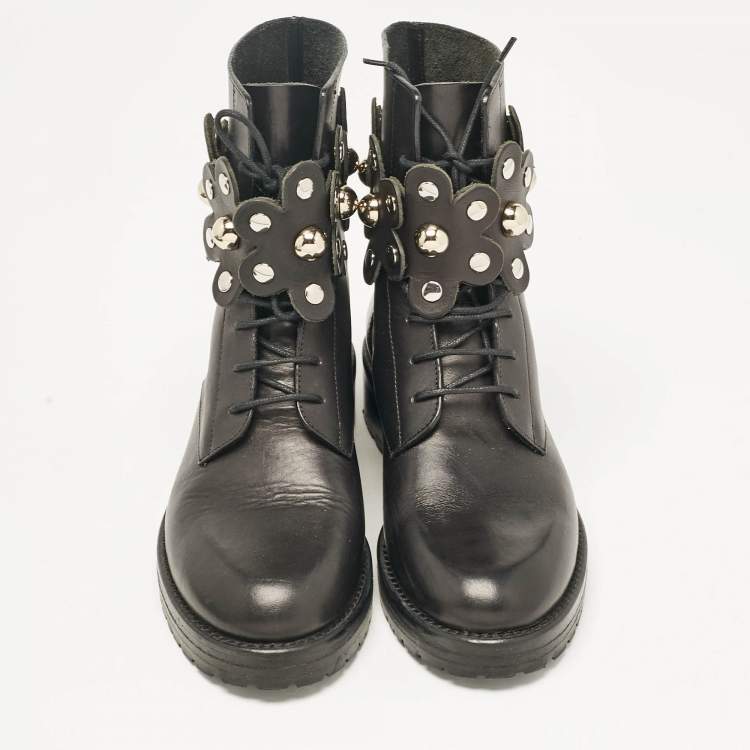 Pre Owned Valentino Black Leather Embellished Combat Boots Size 36