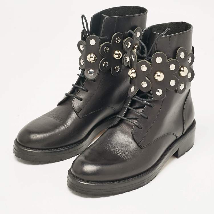 Pre Owned Valentino Black Leather Embellished Combat Boots Size 36