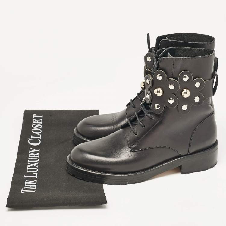 Pre Owned Valentino Black Leather Embellished Combat Boots Size 36