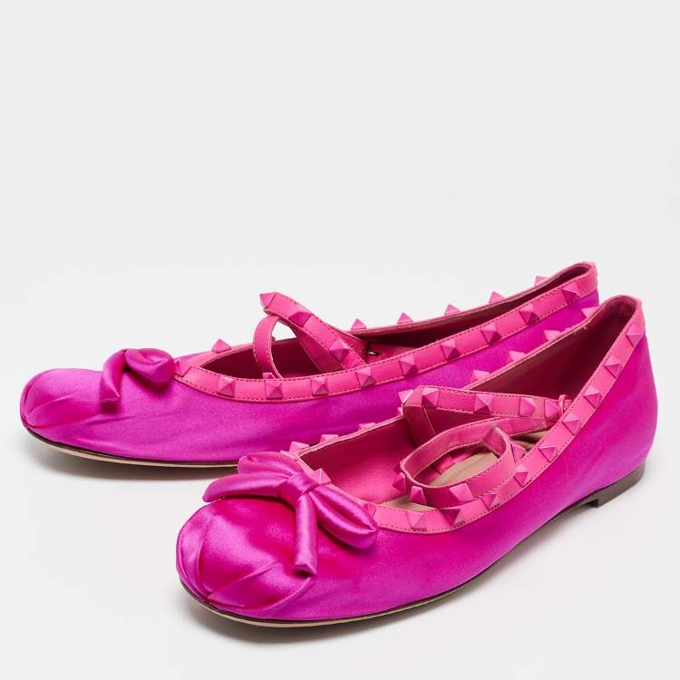 Pre Owned Valentino Pink Satin and Leather Rockstud Ankle Strap Ballet Flats Size 42