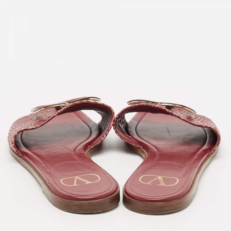 Pre Owned Valentino Burgundy Python Leather Escape V logo Flat Slides Size 38