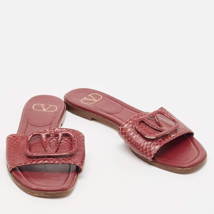 Pre Owned Valentino Burgundy Python Leather Escape V logo Flat Slides Size 38