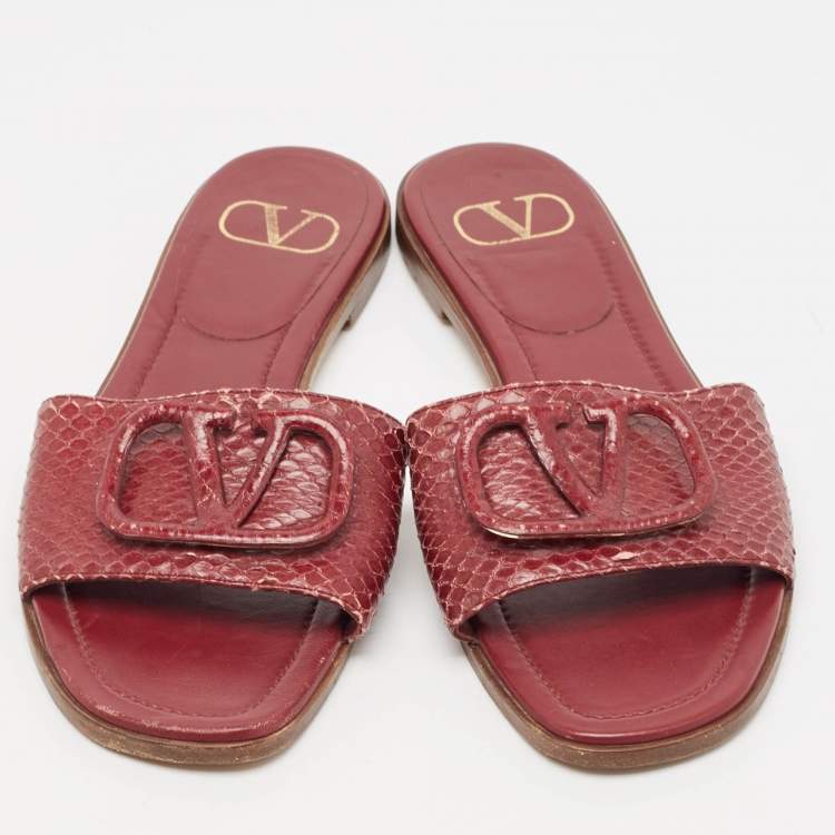Pre Owned Valentino Burgundy Python Leather Escape V logo Flat Slides Size 38
