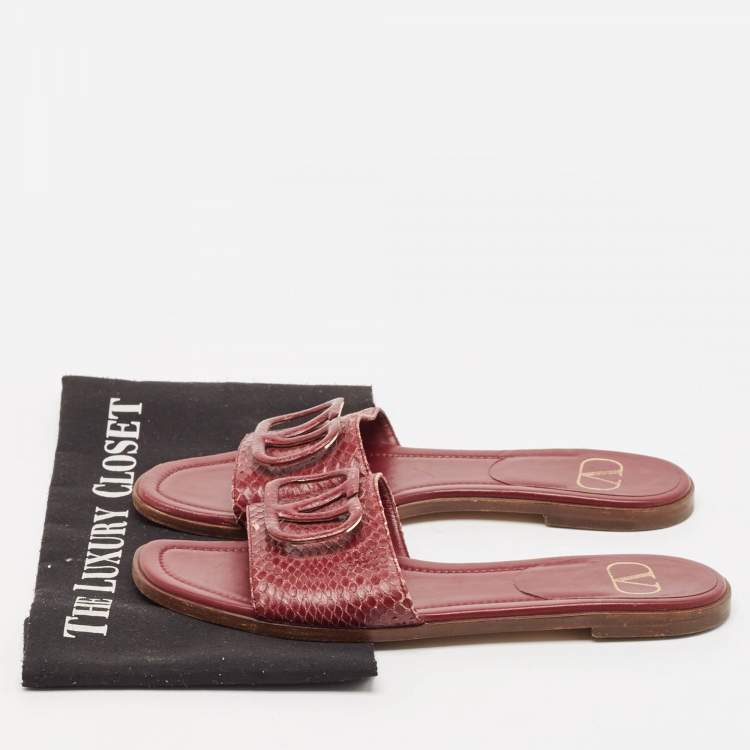 Pre Owned Valentino Burgundy Python Leather Escape V logo Flat Slides Size 38