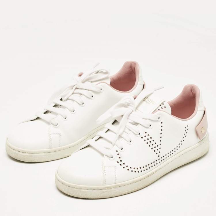 Pre Owned Valentino White/Pink Leather Backnet Sneakers Size 36