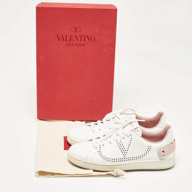 Pre Owned Valentino White/Pink Leather Backnet Sneakers Size 36