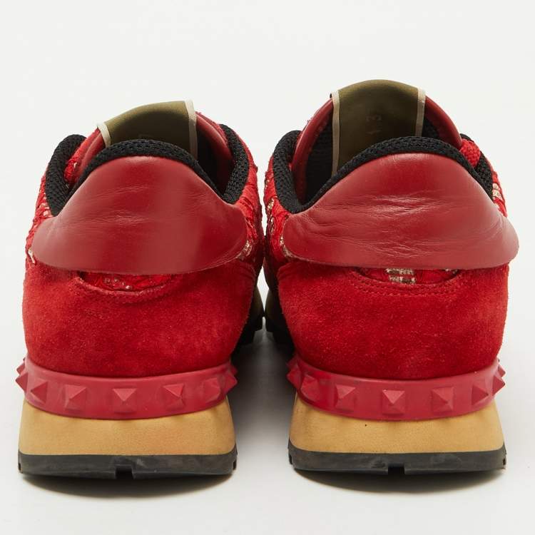 Pre Owned Valentino Red Suede and Lace Rockrunner Low Top Sneakers Size 37