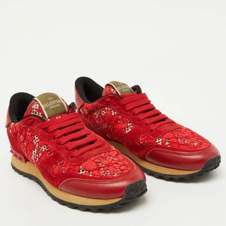 Pre Owned Valentino Red Suede and Lace Rockrunner Low Top Sneakers Size 37