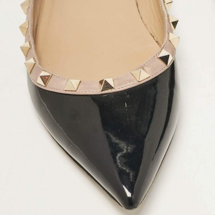 Pre Owned Valentino Black/Beige Patent Leather Rockstud Ballet Flats Size 41.5