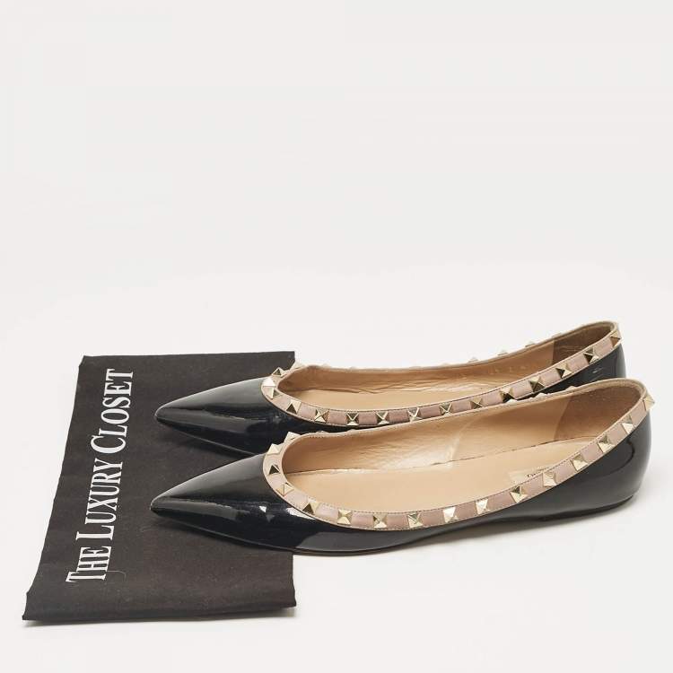 Pre Owned Valentino Black/Beige Patent Leather Rockstud Ballet Flats Size 41.5