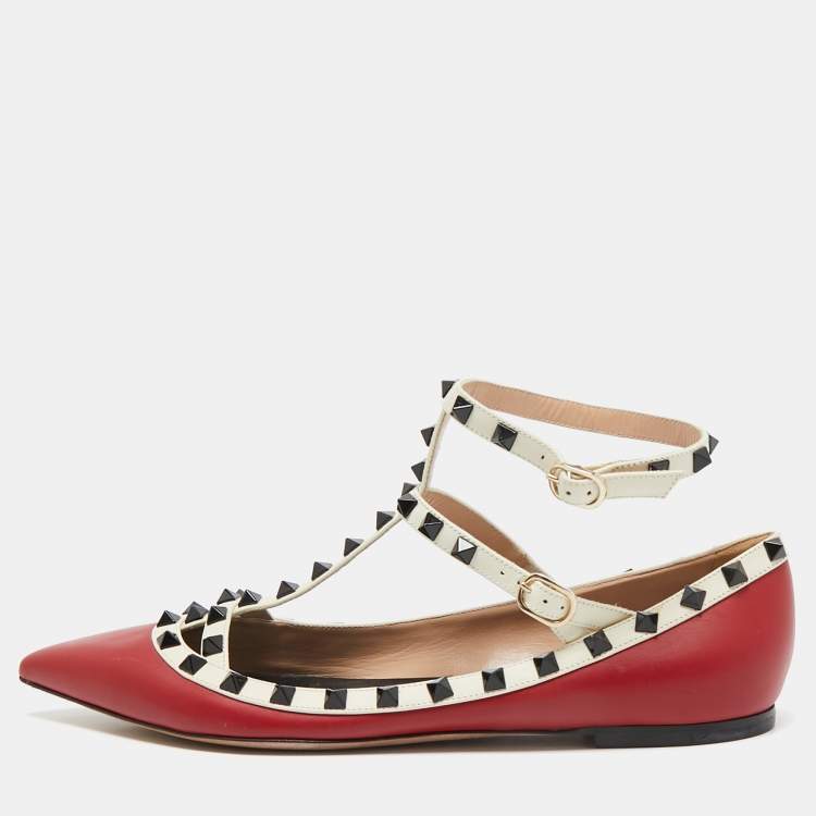 Pre Owned Valentino Red/White Leather Rockstud Ankle Strap Ballet Flats Size 41.5